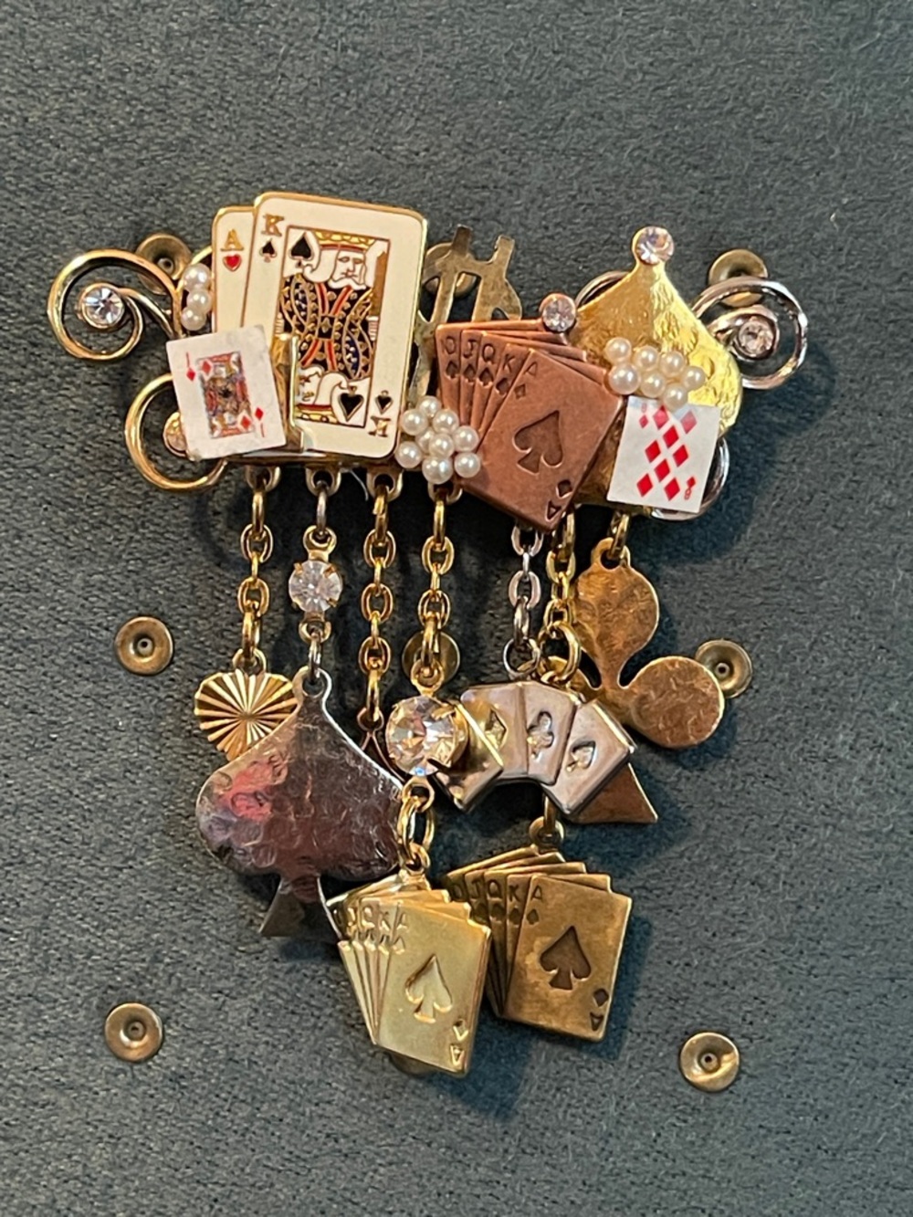 Handmade Caramia “Cards Poker Casino Blackjack” 18KT Gold Mixed Media Brooch